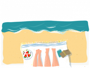 ilustración de las piernas de una pareja tomando el sol en la playa sobre una toalla blanca
