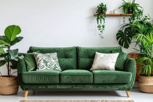 salon con sofá verde rodeado de plantas de interior